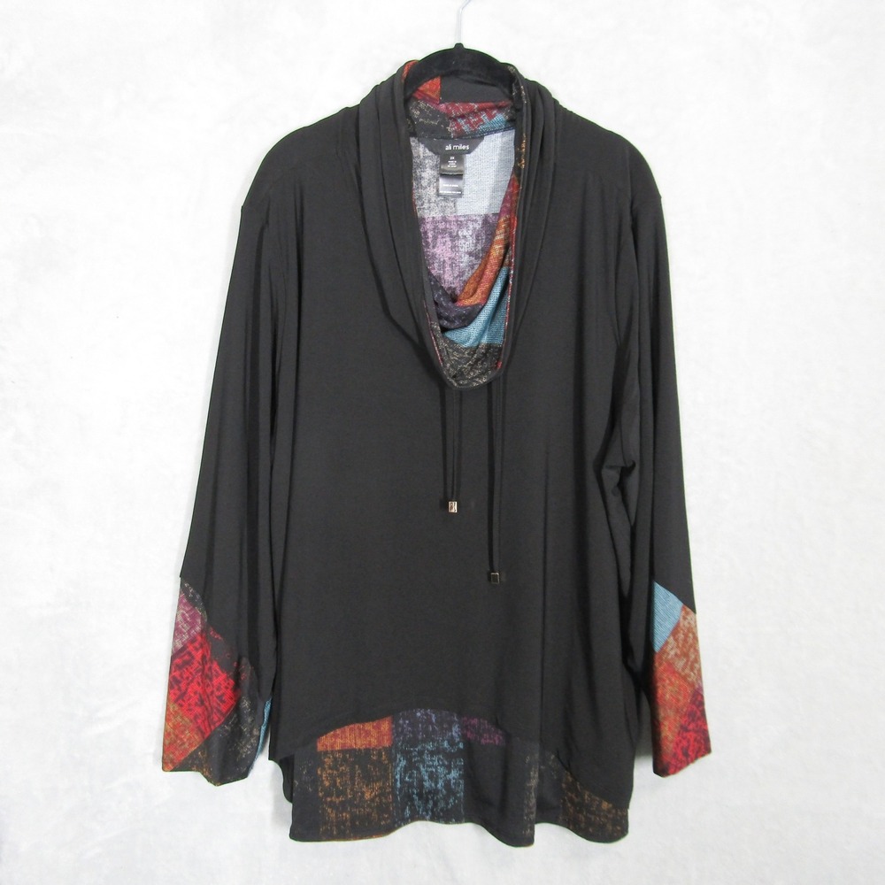 Ali Miles Tunic Top Womens 2X Black Cowl Neck Long Sleeve Asymmetrical Hem